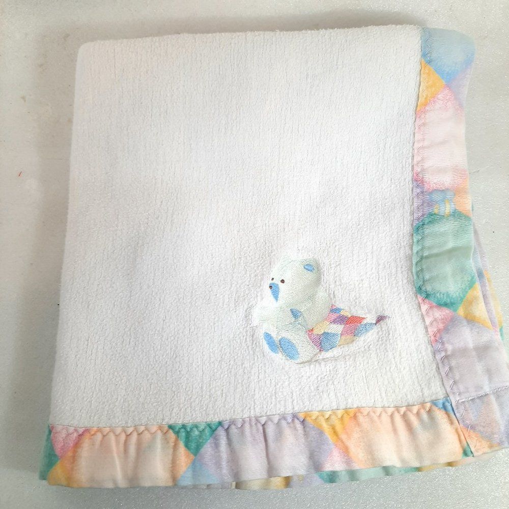 Vintage Carter's Teddy Bear baby Blanket Pastel patchwork Pattern Cotton USA